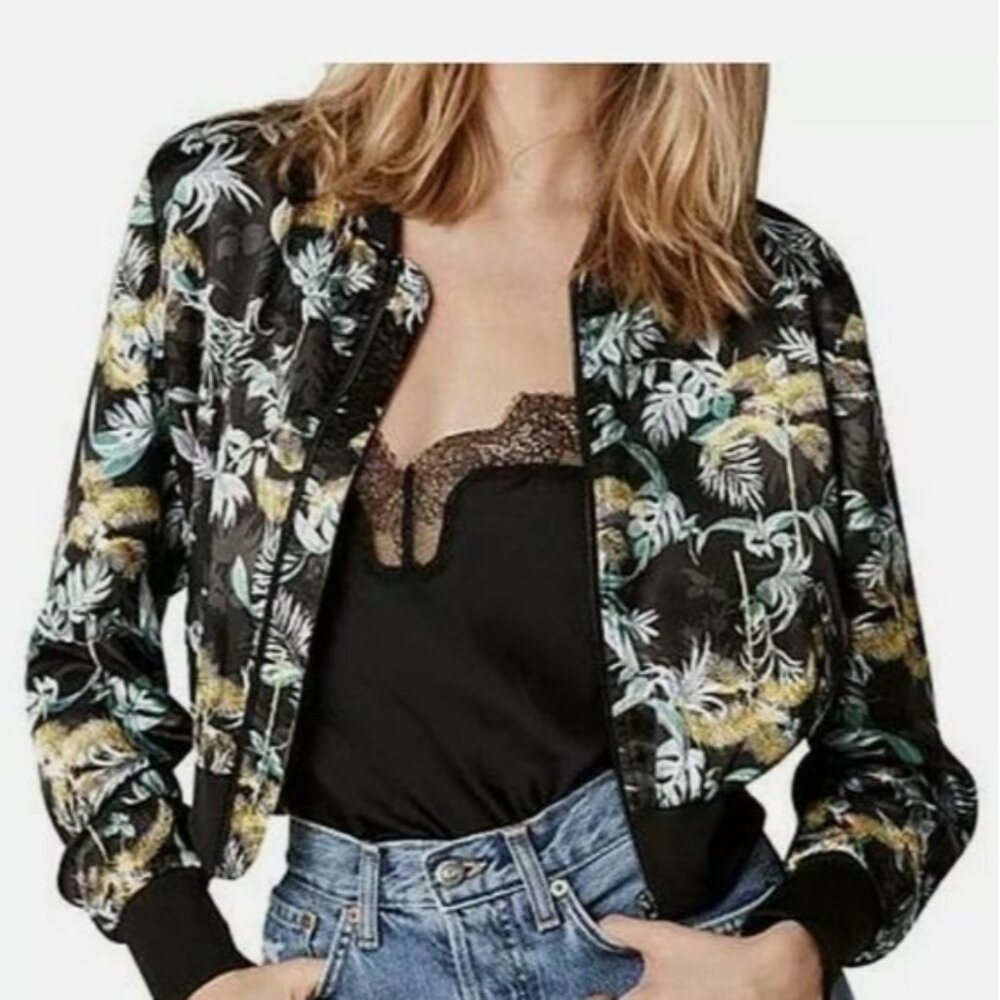 Victoria's Secret Black Luxe Palm Satin Twee Retro Bomber Black Cropped Jacket S
